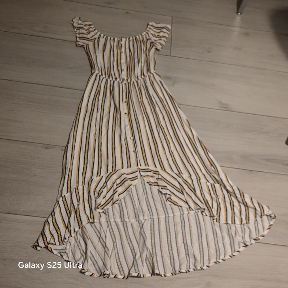 W110 J for Justify High Low Dress in White and Brown Stripes